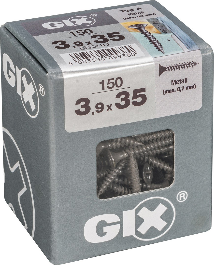 GIX A rosca fina, 3,9 x 35 mm, 150 unidades, Rosca completa, Cabeza de trompeta, Ranura en cruz H2, Punta de aguja, Fosfatado negro