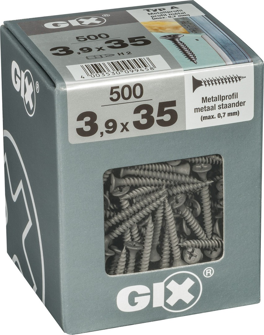GIX A rosca fina, 3,9 x 35 mm, 500 unidades, Rosca completa, Cabeza de trompeta, Ranura en cruz H2, Punta de aguja, Fosfatado negro