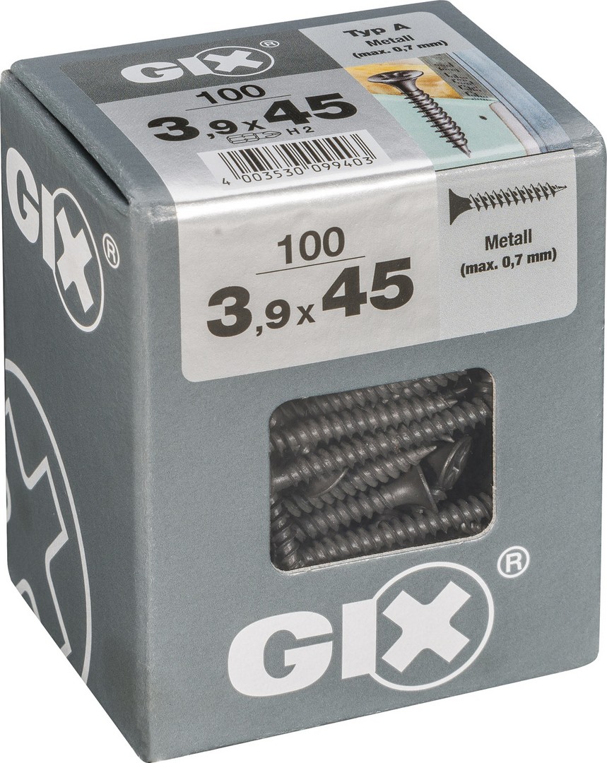 GIX A rosca fina, 3,9 x 45 mm, 100 unidades, Rosca completa, Cabeza de trompeta, Ranura en cruz H2, Punta de aguja, Fosfatado negro