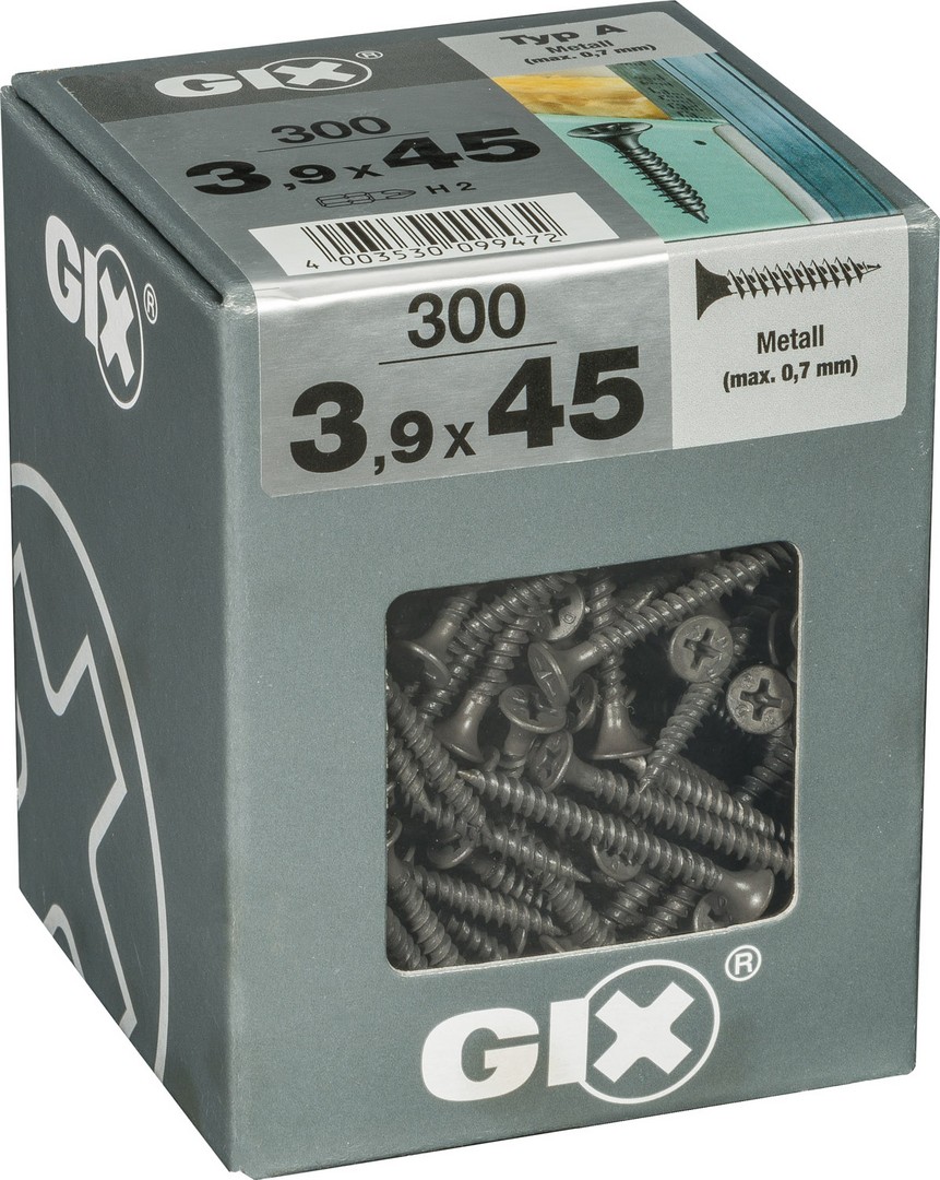 GIX A rosca fina, 3,9 x 45 mm, 300 unidades, Rosca completa, Cabeza de trompeta, Ranura en cruz H2, Punta de aguja, Fosfatado negro