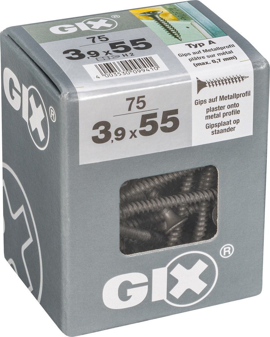 GIX A rosca fina, 3,9 x 55 mm, 75 unidades, Rosca completa, Cabeza de trompeta, Ranura en cruz H2, Punta de aguja, Fosfatado negro