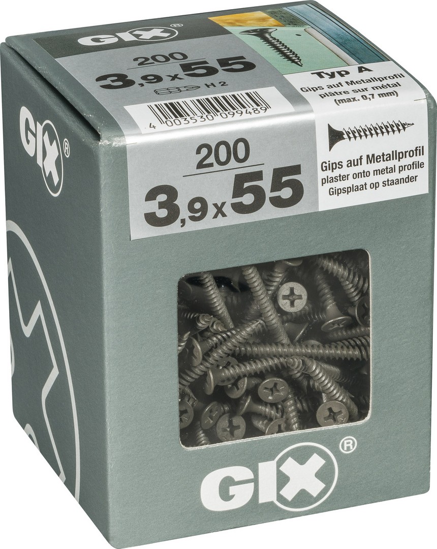 GIX A rosca fina, 3,9 x 55 mm, 200 unidades, Rosca completa, Cabeza de trompeta, Ranura en cruz H2, Punta de aguja, Fosfatado negro
