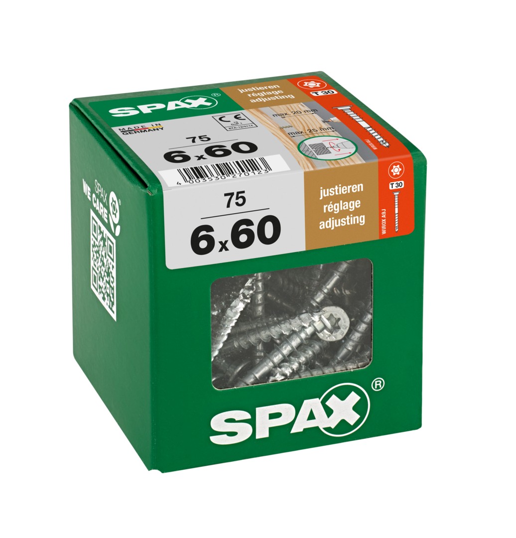 SPAX Tornillo de ajuste, cabeza plana, T-STAR plus, ranuras de retención, 4CUT, WIROX, 60 mm, 75 uds