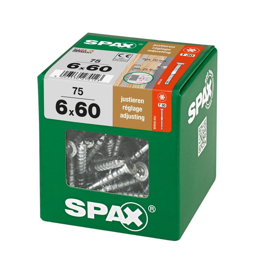 SPAX Tornillo de ajuste, cabeza plana, T-STAR plus, ranuras de retención, 4CUT, WIROX, 60 mm, 75 uds