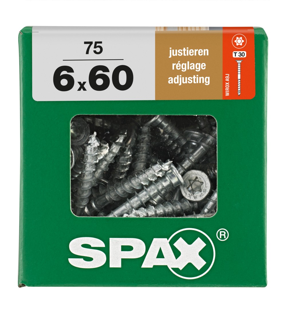 SPAX Tornillo de ajuste, cabeza plana, T-STAR plus, ranuras de retención, 4CUT, WIROX, 60 mm, 75 uds