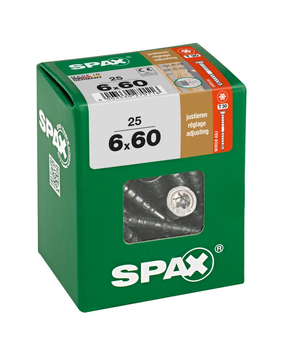 SPAX Tornillo de ajuste, cabeza plana, T-STAR plus, ranuras de retención, 4CUT, WIROX, 60 mm, 25 uds