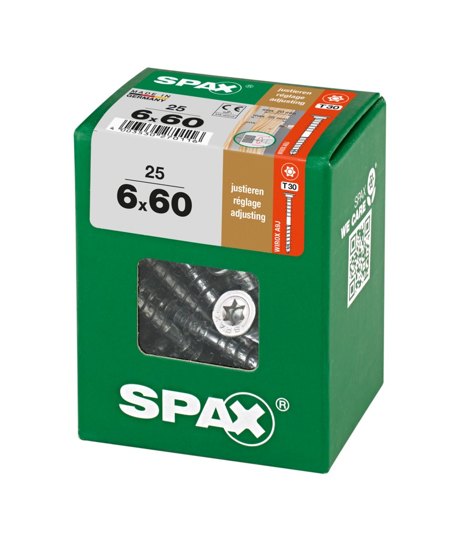 SPAX Tornillo de ajuste, cabeza plana, T-STAR plus, ranuras de retención, 4CUT, WIROX, 60 mm, 25 uds