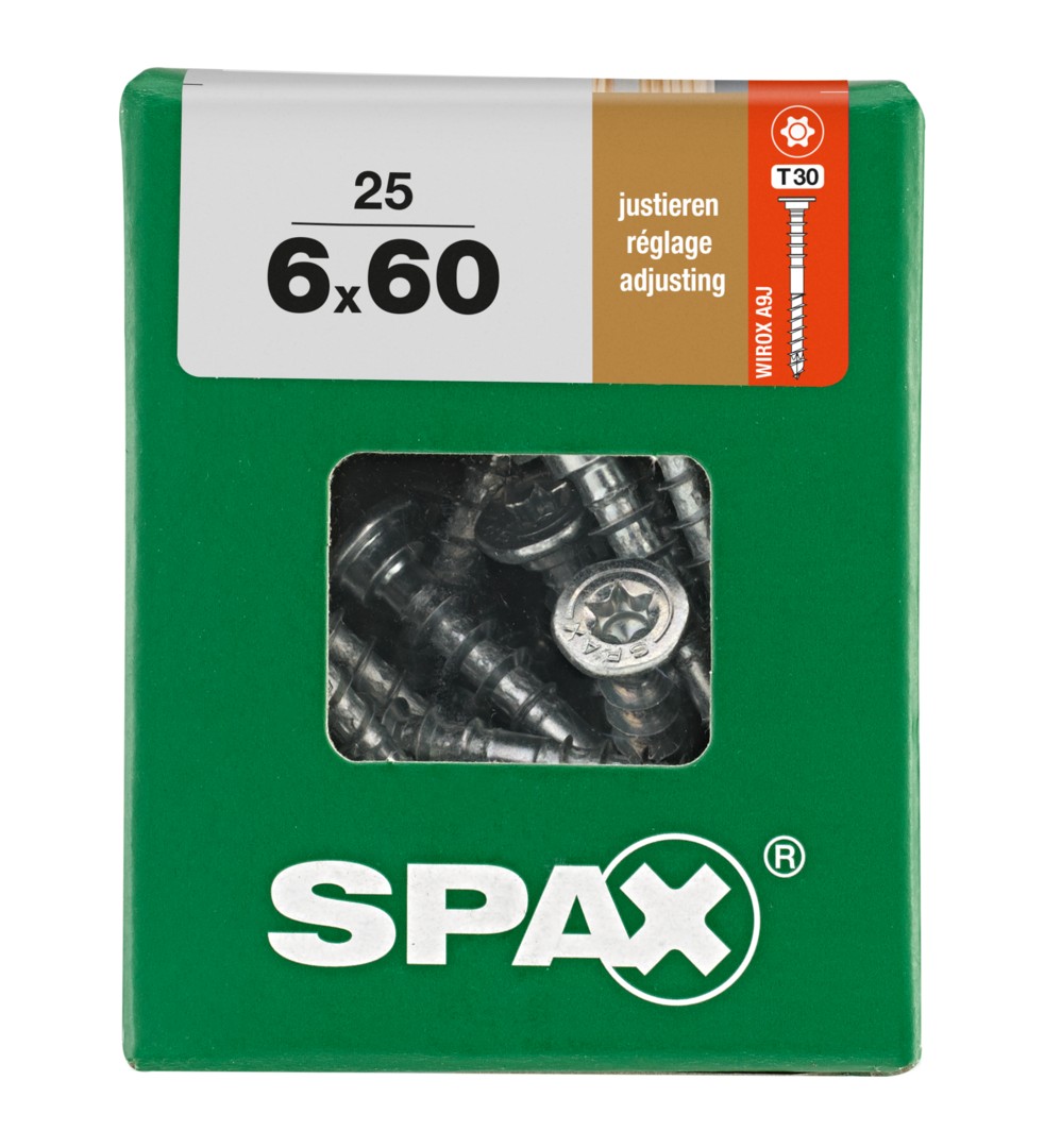 SPAX Tornillo de ajuste, cabeza plana, T-STAR plus, ranuras de retención, 4CUT, WIROX, 60 mm, 25 uds
