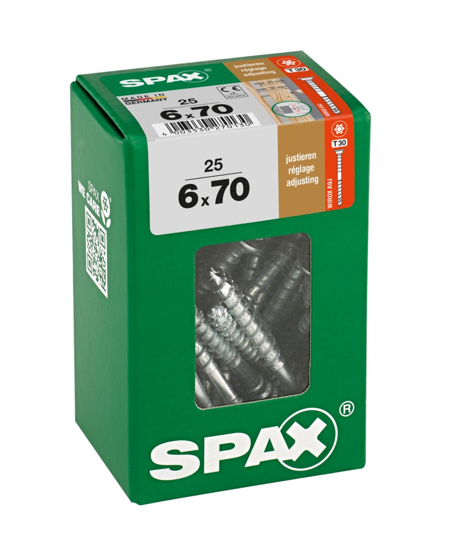 SPAX Tornillo de ajuste, cabeza plana, T-STAR plus, ranuras de retención, 4CUT, WIROX, 70 mm, 25 uds