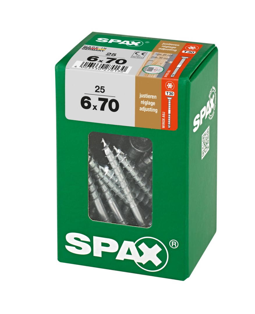SPAX Tornillo de ajuste, cabeza plana, T-STAR plus, ranuras de retención, 4CUT, WIROX, 70 mm, 25 uds
