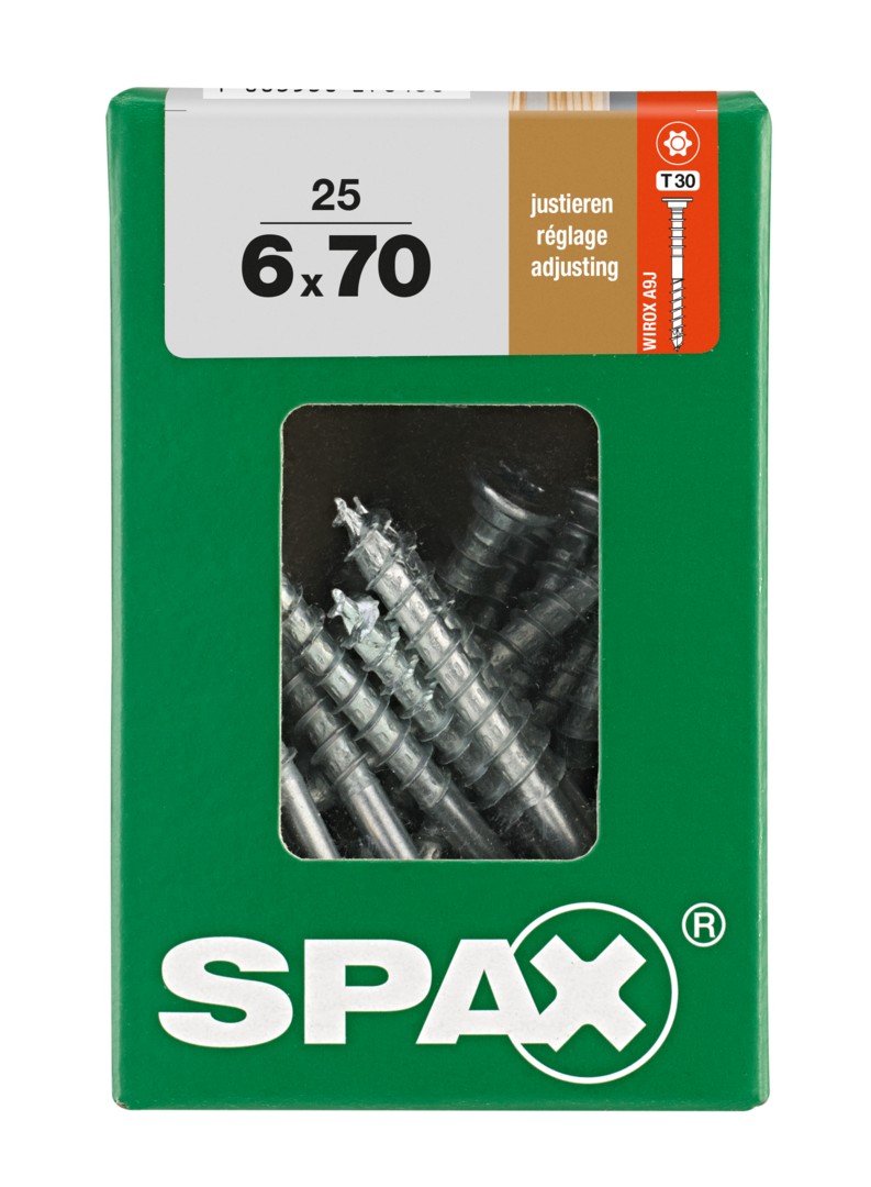 SPAX Tornillo de ajuste, cabeza plana, T-STAR plus, ranuras de retención, 4CUT, WIROX, 70 mm, 25 uds