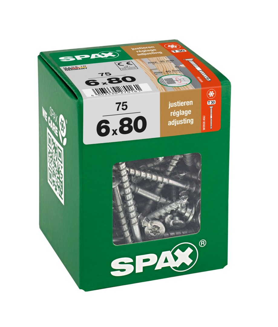 SPAX Tornillo de ajuste, cabeza plana, T-STAR plus, ranuras de retención, 4CUT, WIROX, 80 mm, 75 uds