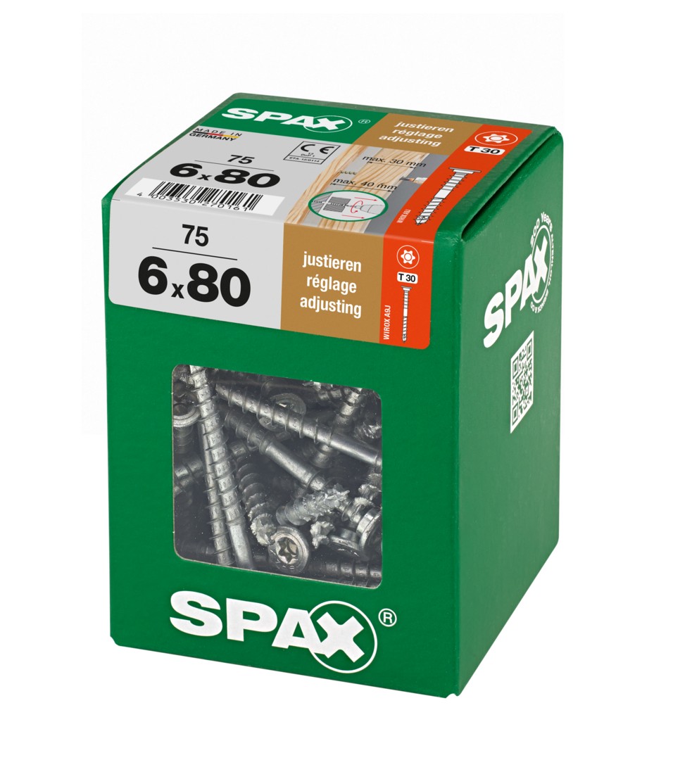 SPAX Tornillo de ajuste, cabeza plana, T-STAR plus, ranuras de retención, 4CUT, WIROX, 80 mm, 75 uds