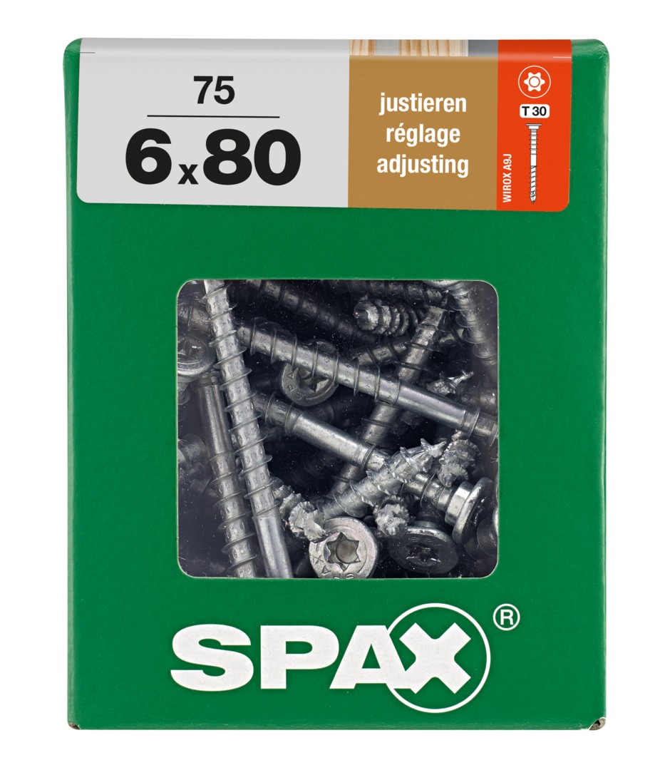 SPAX Tornillo de ajuste, cabeza plana, T-STAR plus, ranuras de retención, 4CUT, WIROX, 80 mm, 75 uds