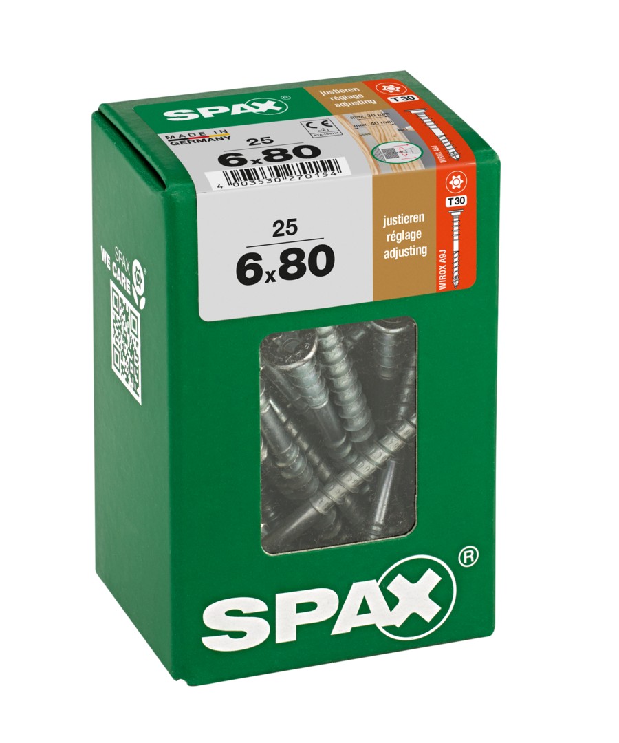 SPAX Tornillo de ajuste, cabeza plana, T-STAR plus, ranuras de retención, 4CUT, WIROX, 80 mm, 25 uds