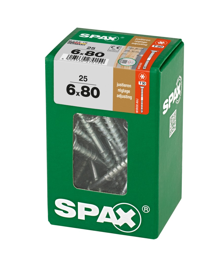 SPAX Tornillo de ajuste, cabeza plana, T-STAR plus, ranuras de retención, 4CUT, WIROX, 80 mm, 25 uds