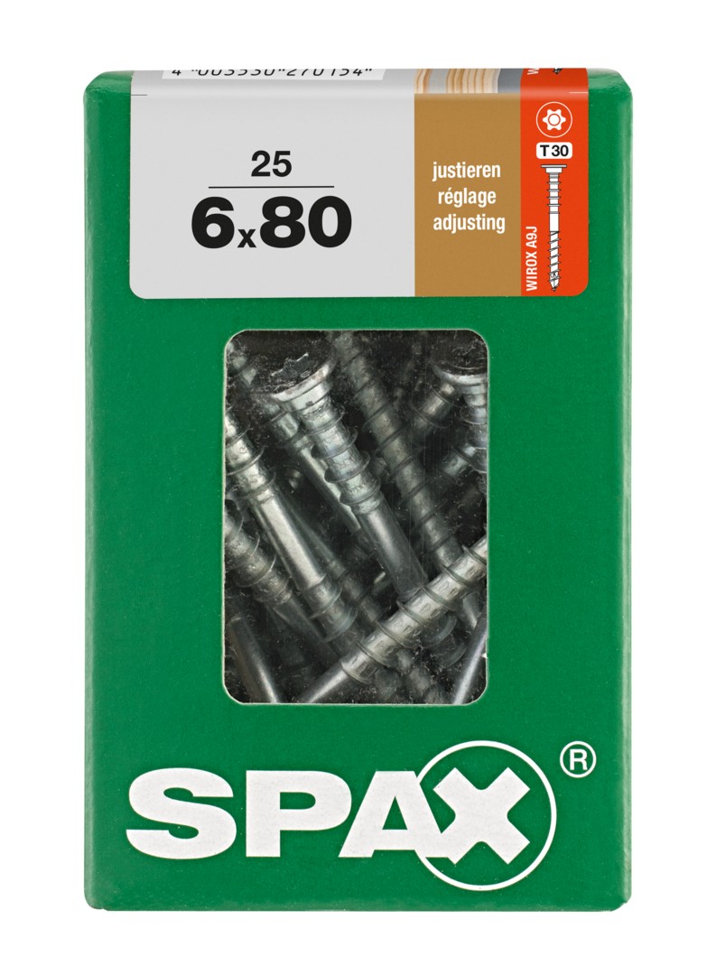 SPAX Tornillo de ajuste, cabeza plana, T-STAR plus, ranuras de retención, 4CUT, WIROX, 80 mm, 25 uds