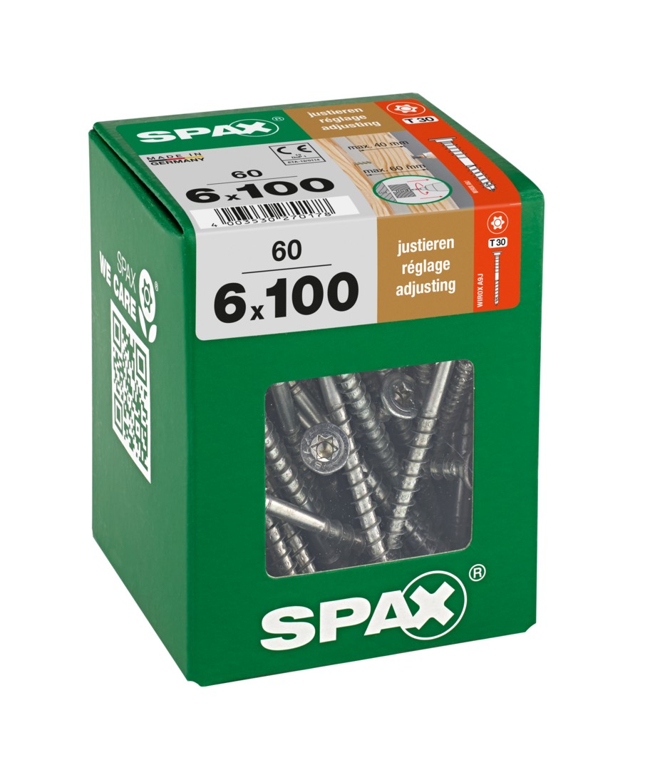 SPAX Tornillo de ajuste, cabeza plana, T-STAR plus, ranuras de retención, 4CUT, WIROX, 100 mm, 60 uds
