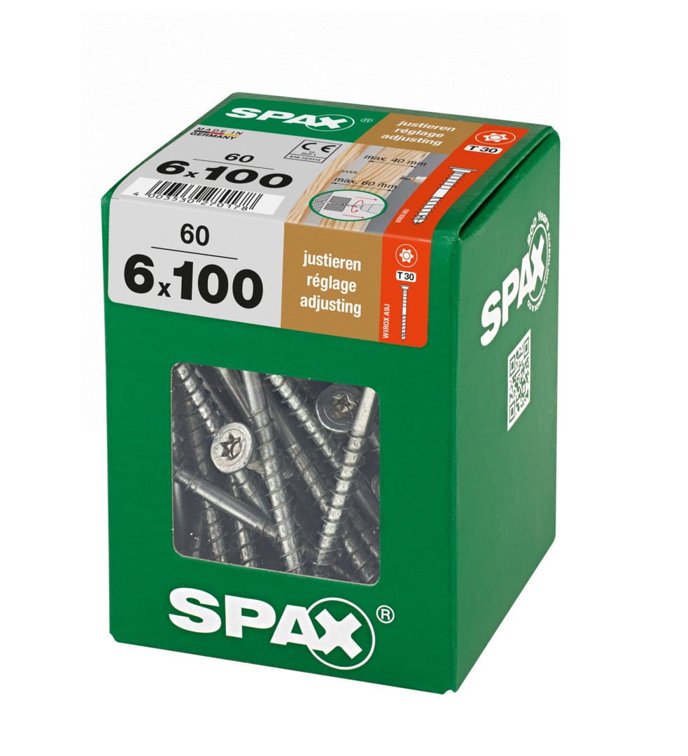 SPAX Tornillo de ajuste, cabeza plana, T-STAR plus, ranuras de retención, 4CUT, WIROX, 100 mm, 60 uds