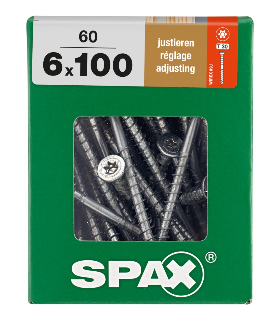 SPAX Tornillo de ajuste, cabeza plana, T-STAR plus, ranuras de retención, 4CUT, WIROX, 100 mm, 60 uds