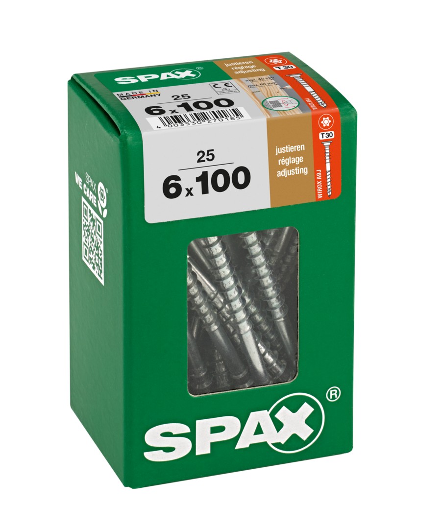 SPAX Tornillo de ajuste, cabeza plana, T-STAR plus, ranuras de retención, 4CUT, WIROX, 100 mm, 25 uds
