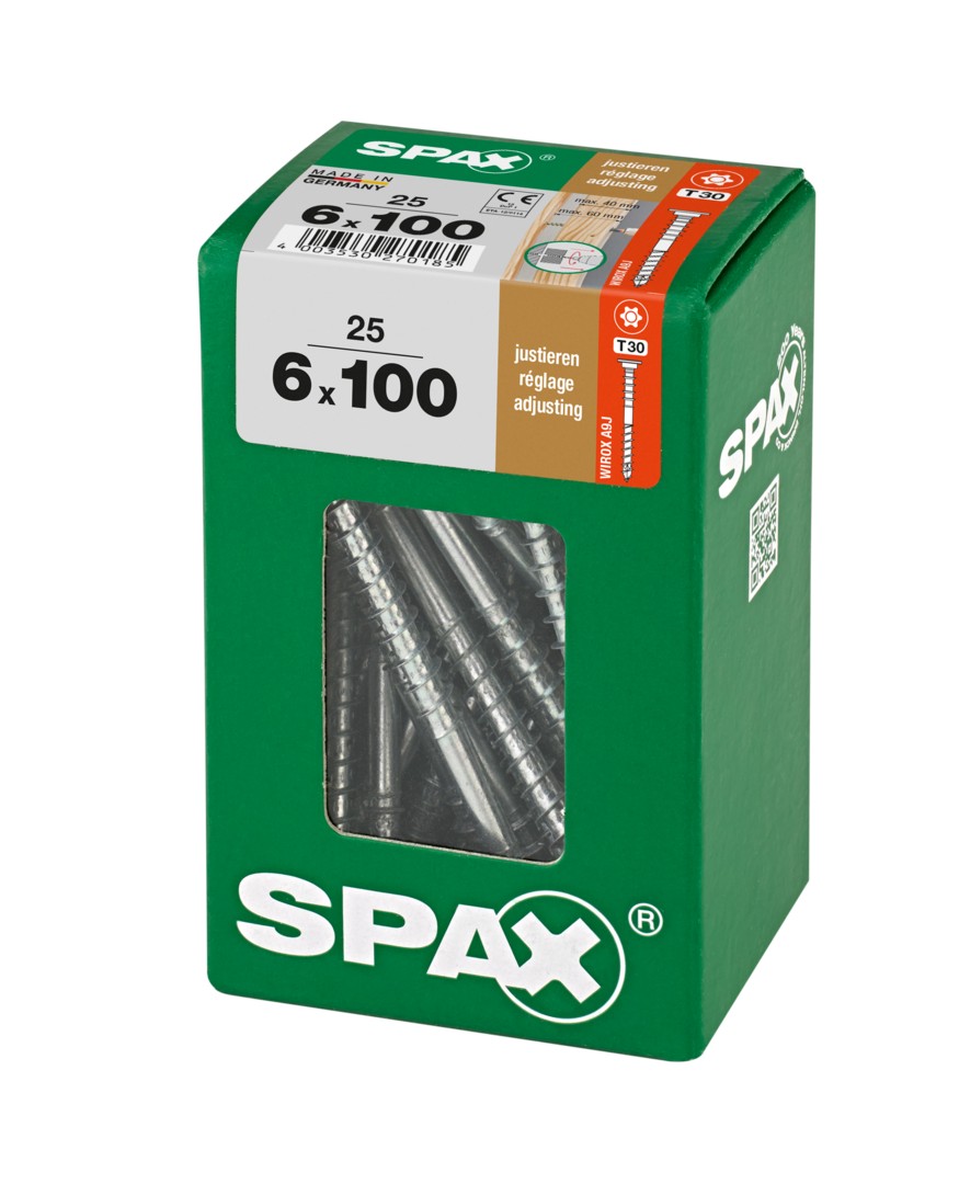 SPAX Tornillo de ajuste, cabeza plana, T-STAR plus, ranuras de retención, 4CUT, WIROX, 100 mm, 25 uds