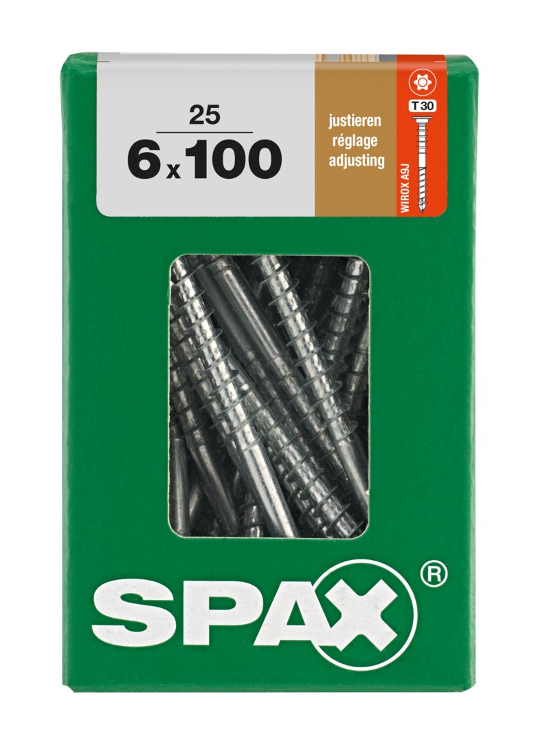 SPAX Tornillo de ajuste, cabeza plana, T-STAR plus, ranuras de retención, 4CUT, WIROX, 100 mm, 25 uds