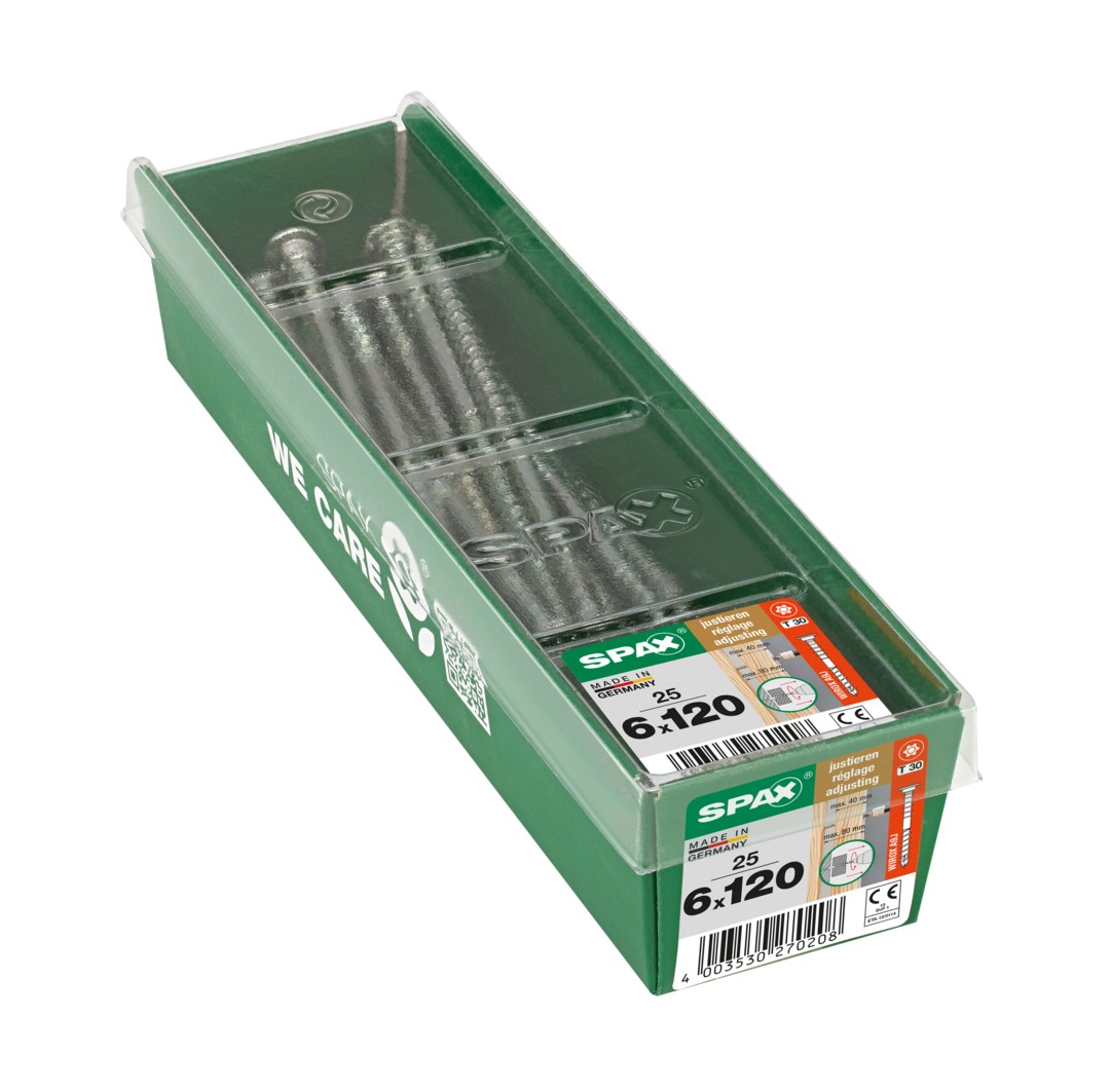 SPAX Tornillo de ajuste, cabeza plana, T-STAR plus, ranuras de retención, 4CUT, WIROX, 120 mm, 25 uds