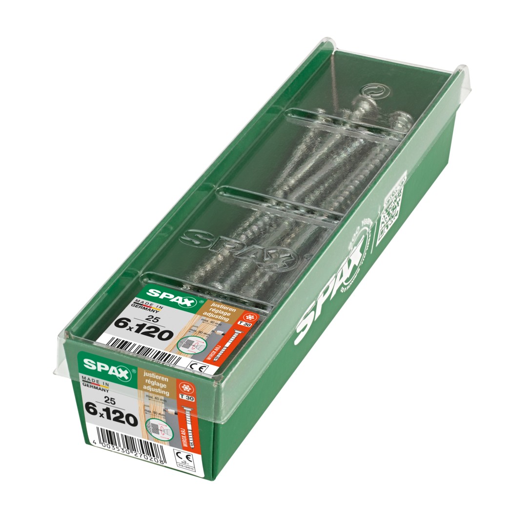 SPAX Tornillo de ajuste, cabeza plana, T-STAR plus, ranuras de retención, 4CUT, WIROX, 120 mm, 25 uds