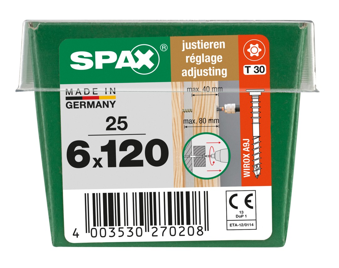 SPAX Tornillo de ajuste, cabeza plana, T-STAR plus, ranuras de retención, 4CUT, WIROX, 120 mm, 25 uds