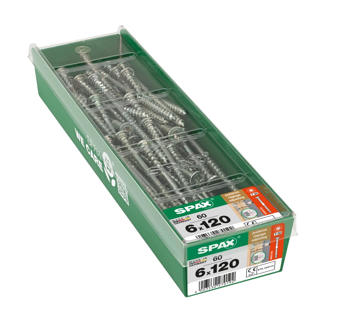 SPAX Tornillo de ajuste, cabeza plana, T-STAR plus, ranuras de retención, 4CUT, WIROX, 120 mm, 60 uds