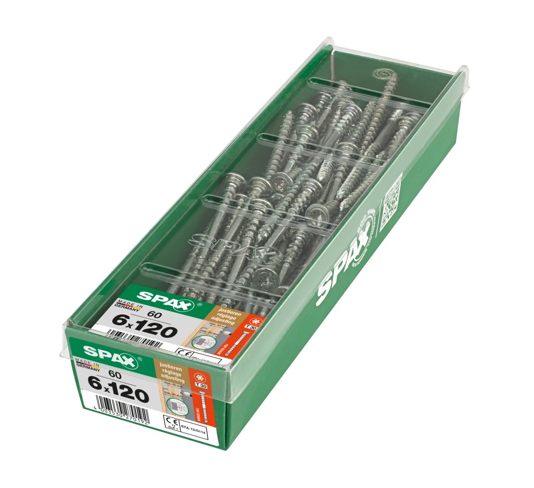 SPAX Tornillo de ajuste, cabeza plana, T-STAR plus, ranuras de retención, 4CUT, WIROX, 120 mm, 60 uds