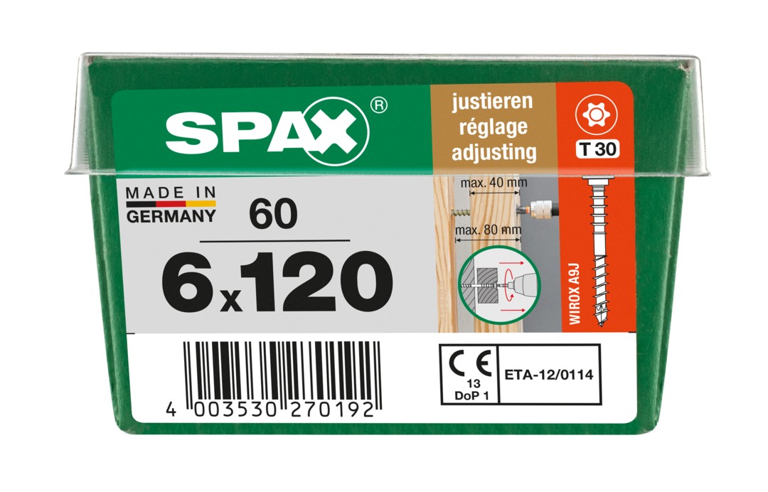 SPAX Tornillo de ajuste, cabeza plana, T-STAR plus, ranuras de retención, 4CUT, WIROX, 120 mm, 60 uds