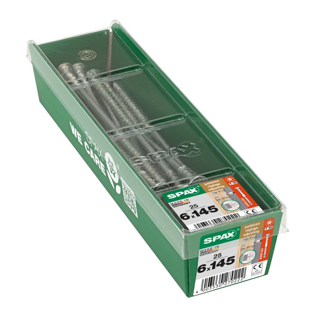 SPAX Tornillo de ajuste, cabeza plana, T-STAR plus, ranuras de retención, 4CUT, WIROX, 145 mm, 25 uds