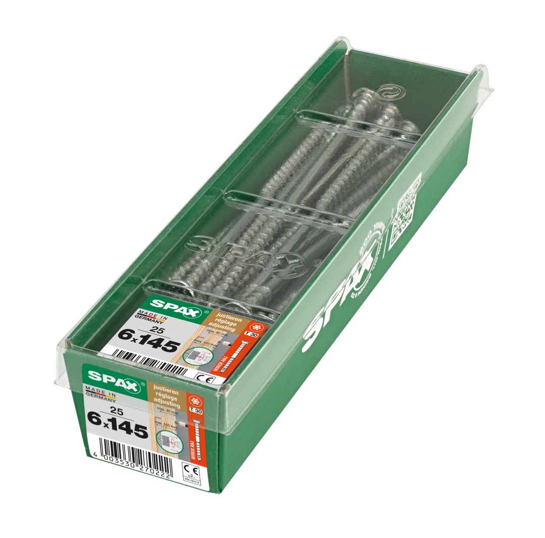SPAX Tornillo de ajuste, cabeza plana, T-STAR plus, ranuras de retención, 4CUT, WIROX, 145 mm, 25 uds