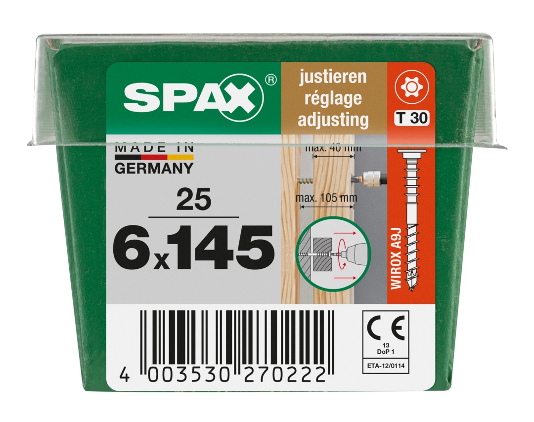 SPAX Tornillo de ajuste, cabeza plana, T-STAR plus, ranuras de retención, 4CUT, WIROX, 145 mm, 25 uds