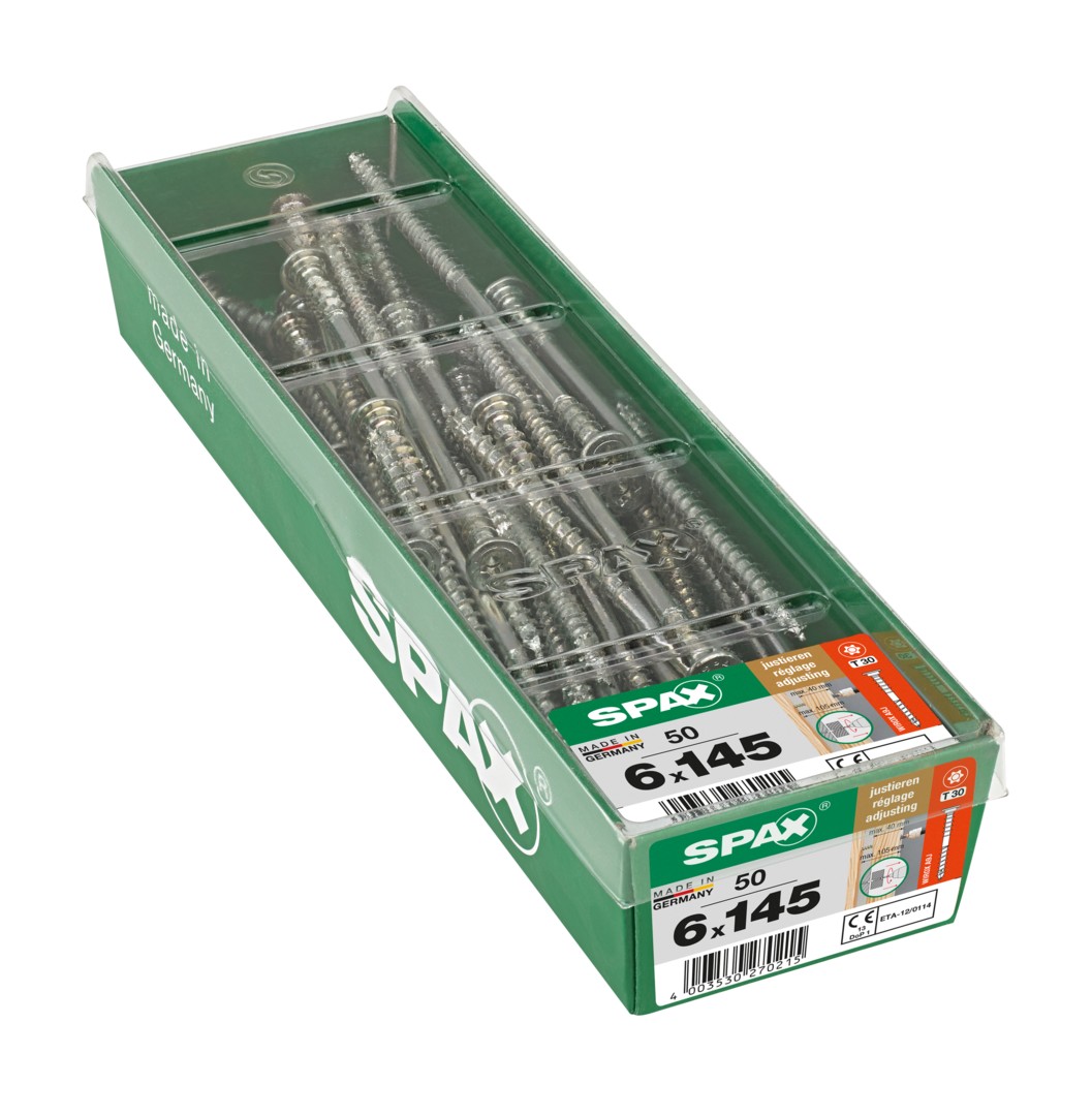 SPAX Tornillo de ajuste, cabeza plana, T-STAR plus, ranuras de retención, 4CUT, WIROX, 145 mm, 50 uds
