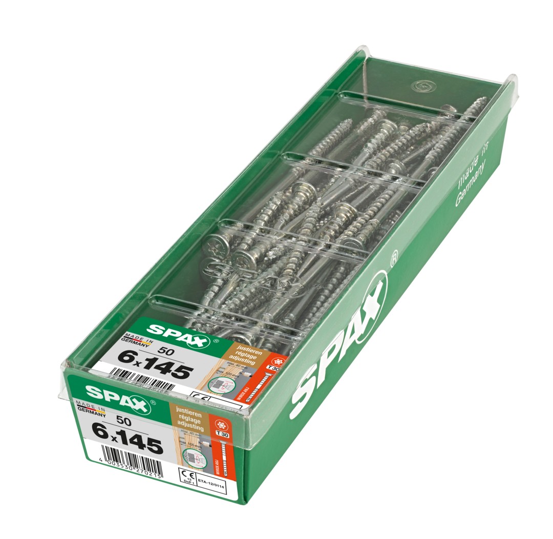 SPAX Tornillo de ajuste, cabeza plana, T-STAR plus, ranuras de retención, 4CUT, WIROX, 145 mm, 50 uds