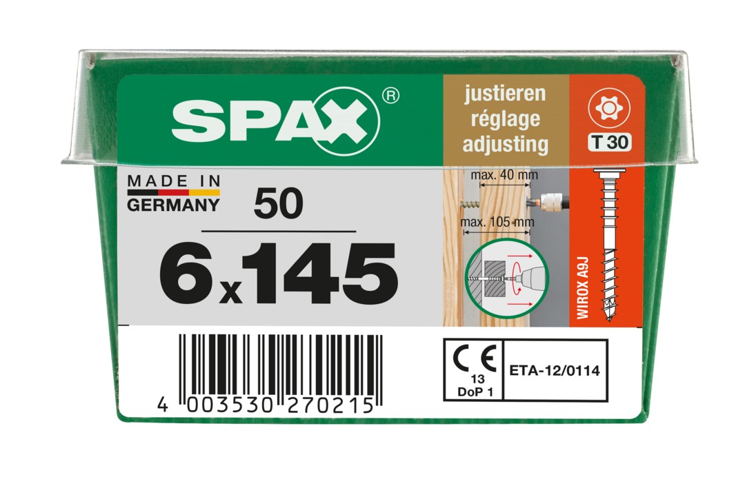 SPAX Tornillo de ajuste, cabeza plana, T-STAR plus, ranuras de retención, 4CUT, WIROX, 145 mm, 50 uds