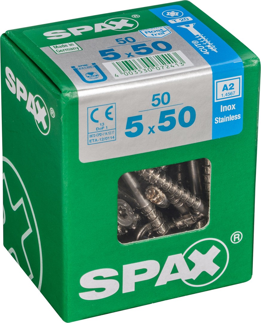SPAX Tornillo de acero inoxidable, 5 x 50 mm, 50 unidades, Rosca parcial, Cabeza plana, T-STAR plus T20, 4CUT, Acero inoxidable A2