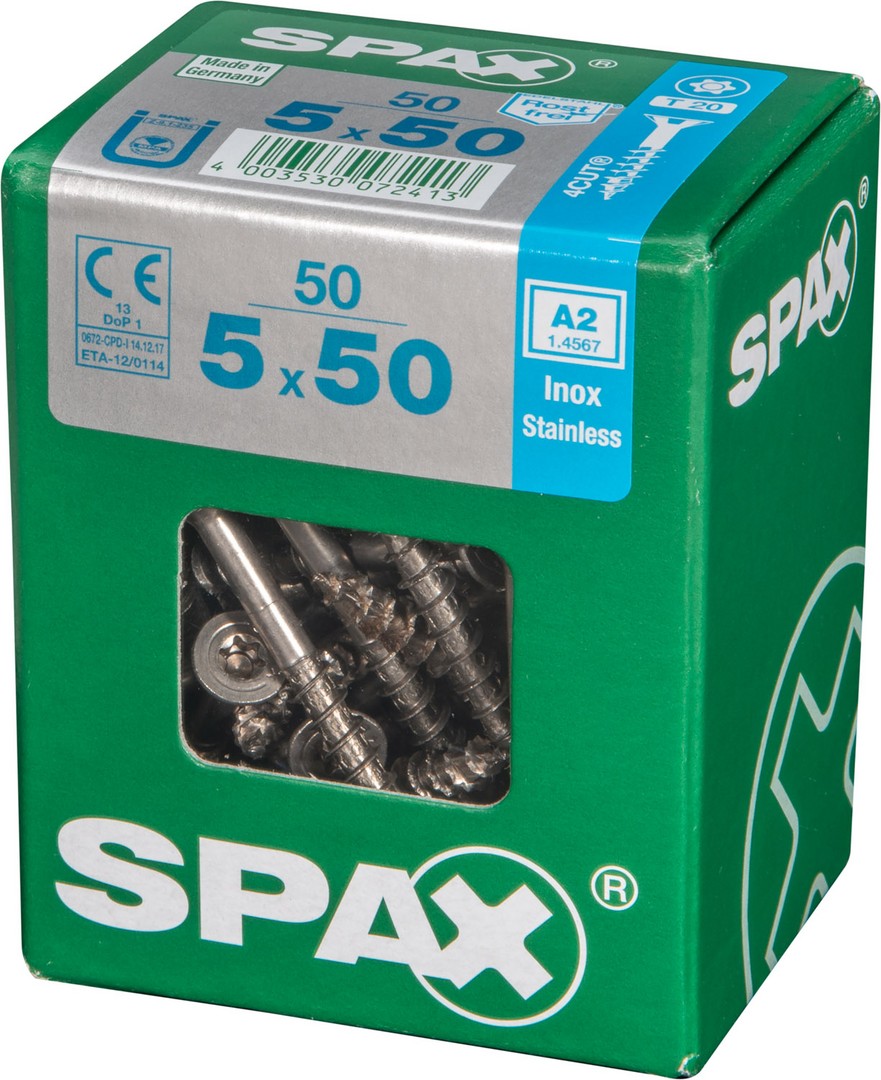 SPAX Tornillo de acero inoxidable, 5 x 50 mm, 50 unidades, Rosca parcial, Cabeza plana, T-STAR plus T20, 4CUT, Acero inoxidable A2