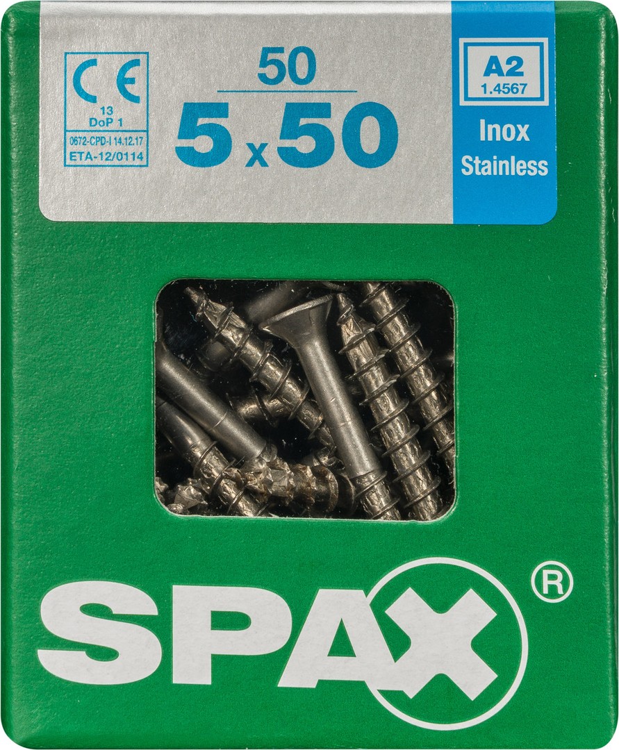 SPAX Tornillo de acero inoxidable, 5 x 50 mm, 50 unidades, Rosca parcial, Cabeza plana, T-STAR plus T20, 4CUT, Acero inoxidable A2