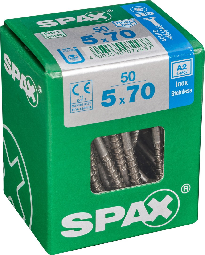 SPAX Tornillo de acero inoxidable, 5 x 70 mm, 50 unidades, Rosca parcial, Cabeza plana, T-STAR plus T20, 4CUT, Acero inoxidable A2
