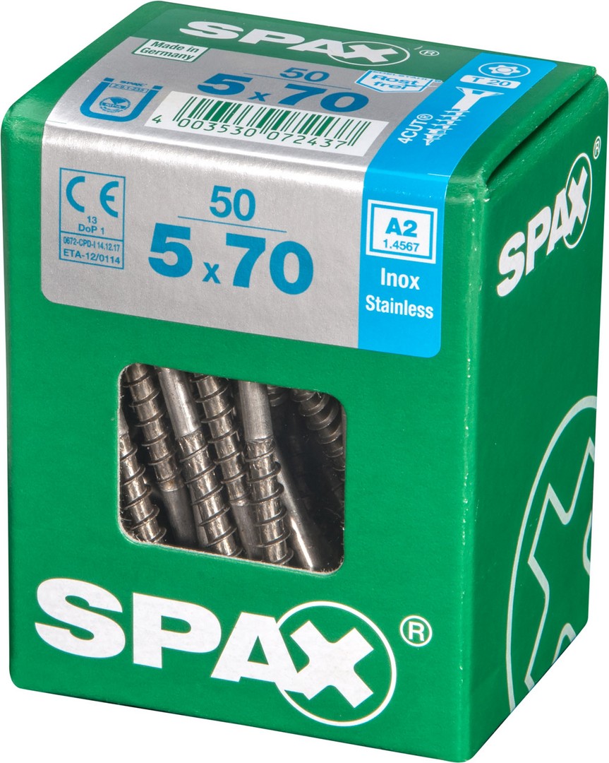 SPAX Tornillo de acero inoxidable, 5 x 70 mm, 50 unidades, Rosca parcial, Cabeza plana, T-STAR plus T20, 4CUT, Acero inoxidable A2