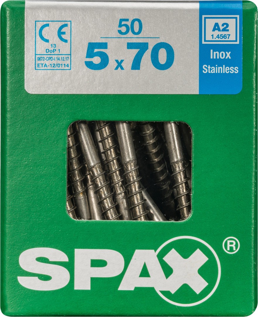 SPAX Tornillo de acero inoxidable, 5 x 70 mm, 50 unidades, Rosca parcial, Cabeza plana, T-STAR plus T20, 4CUT, Acero inoxidable A2