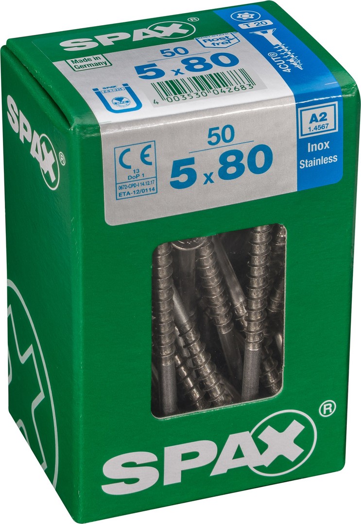 SPAX Tornillo de acero inoxidable, 5 x 80 mm, 50 unidades, Rosca parcial, Cabeza plana, T-STAR plus T20, 4CUT, Acero inoxidable A2