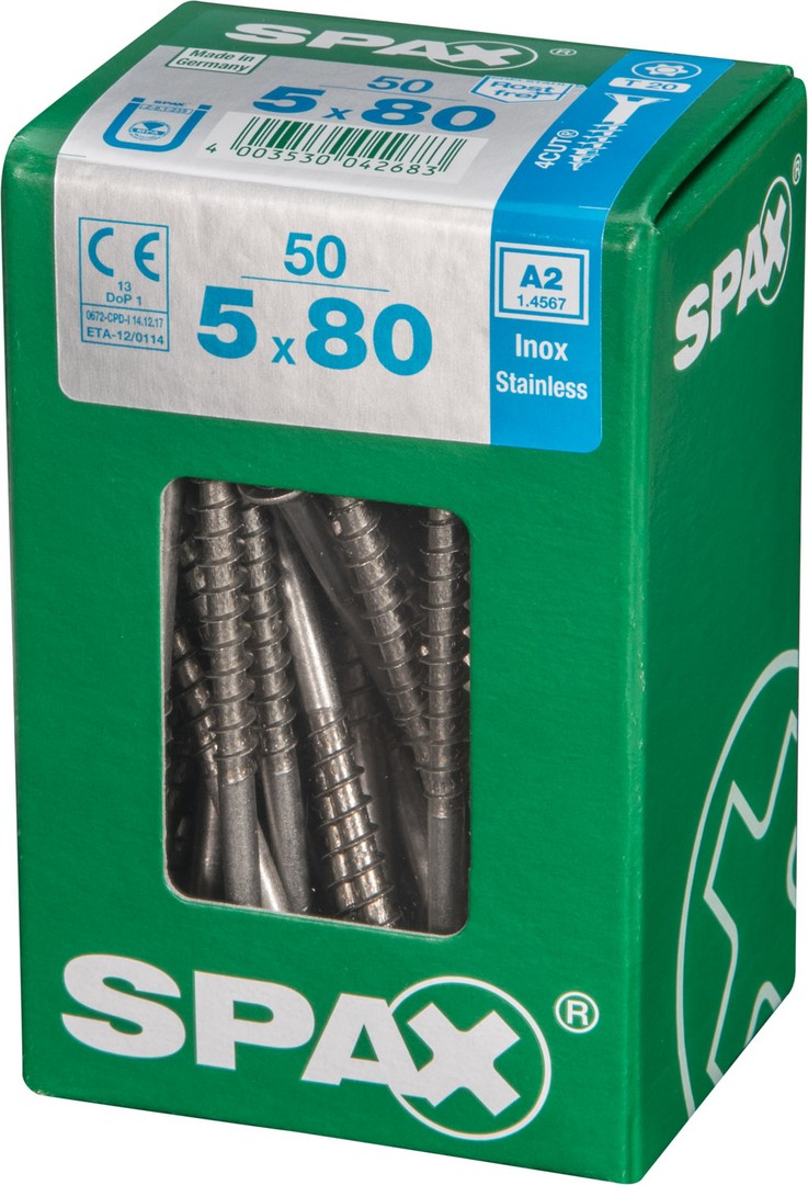 SPAX Tornillo de acero inoxidable, 5 x 80 mm, 50 unidades, Rosca parcial, Cabeza plana, T-STAR plus T20, 4CUT, Acero inoxidable A2