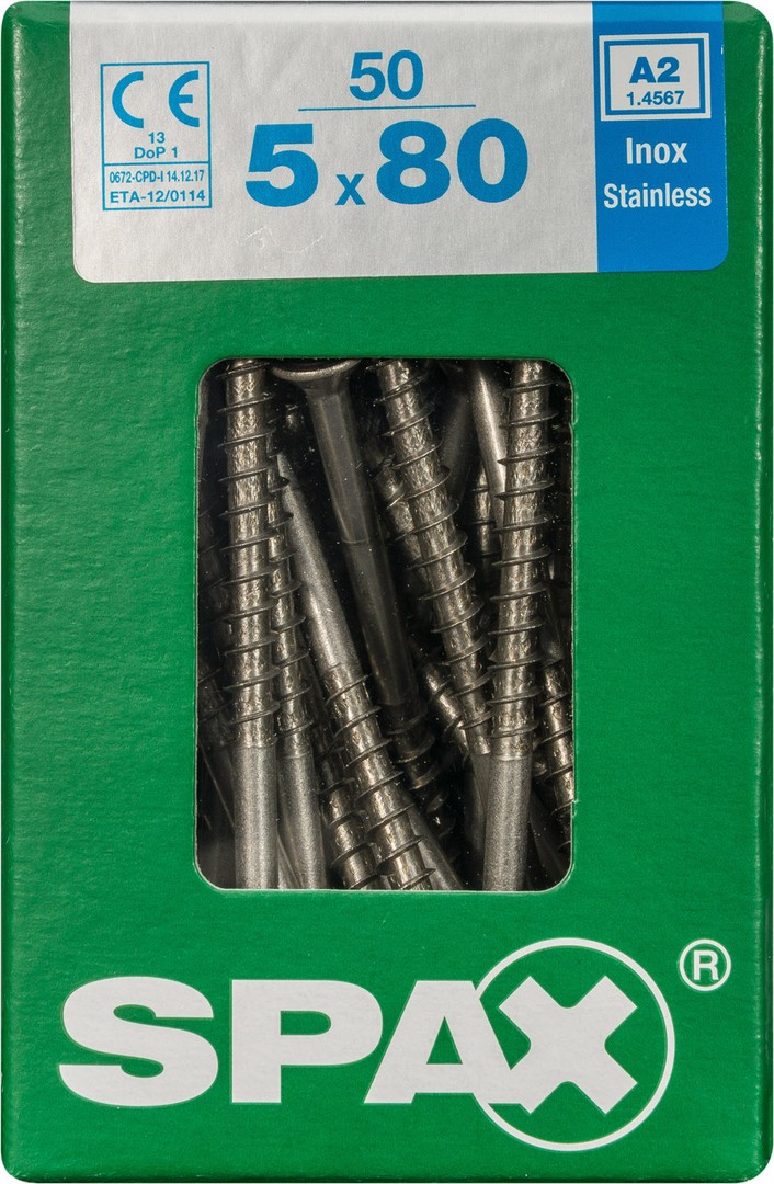 SPAX Tornillo de acero inoxidable, 5 x 80 mm, 50 unidades, Rosca parcial, Cabeza plana, T-STAR plus T20, 4CUT, Acero inoxidable A2