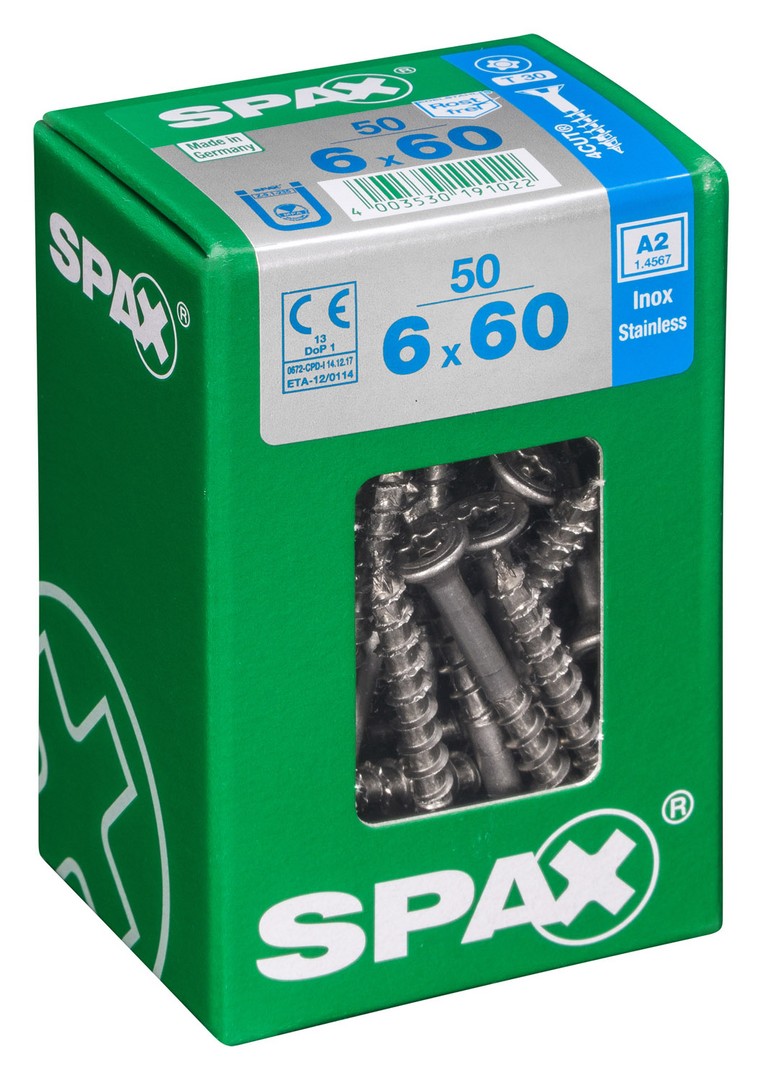 SPAX Tornillo de acero inoxidable, 6 x 60 mm, 50 unidades, Rosca parcial, Cabeza plana, T-STAR plus T30, 4CUT, Acero inoxidable A2