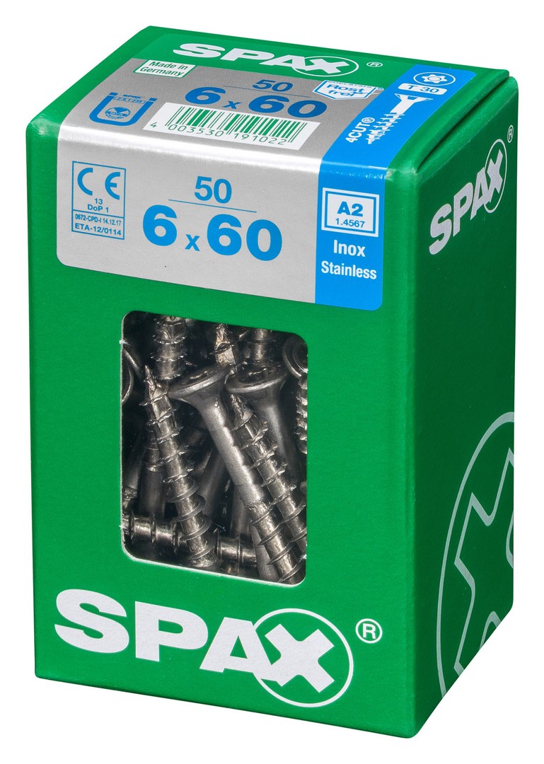 SPAX Tornillo de acero inoxidable, 6 x 60 mm, 50 unidades, Rosca parcial, Cabeza plana, T-STAR plus T30, 4CUT, Acero inoxidable A2